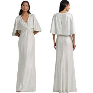 Lauren Ralph Lauren Twist-Front Cape-Overlay Gown Size 10